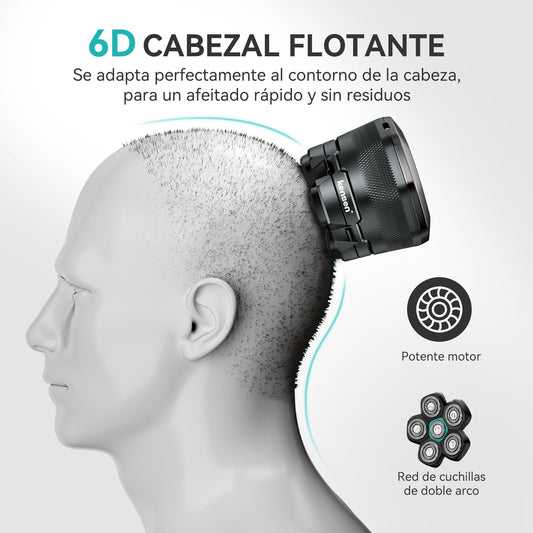 Afeitadora Cabeza Hombre, kensen Maquina Afeitar Hombre para Calvo, 6D Cabezales Maquina para Afeitar Cabeza en Seco y Húmedo con Pantalla LED, 180 mins Uso, IPX6 Impermeable, USB-C