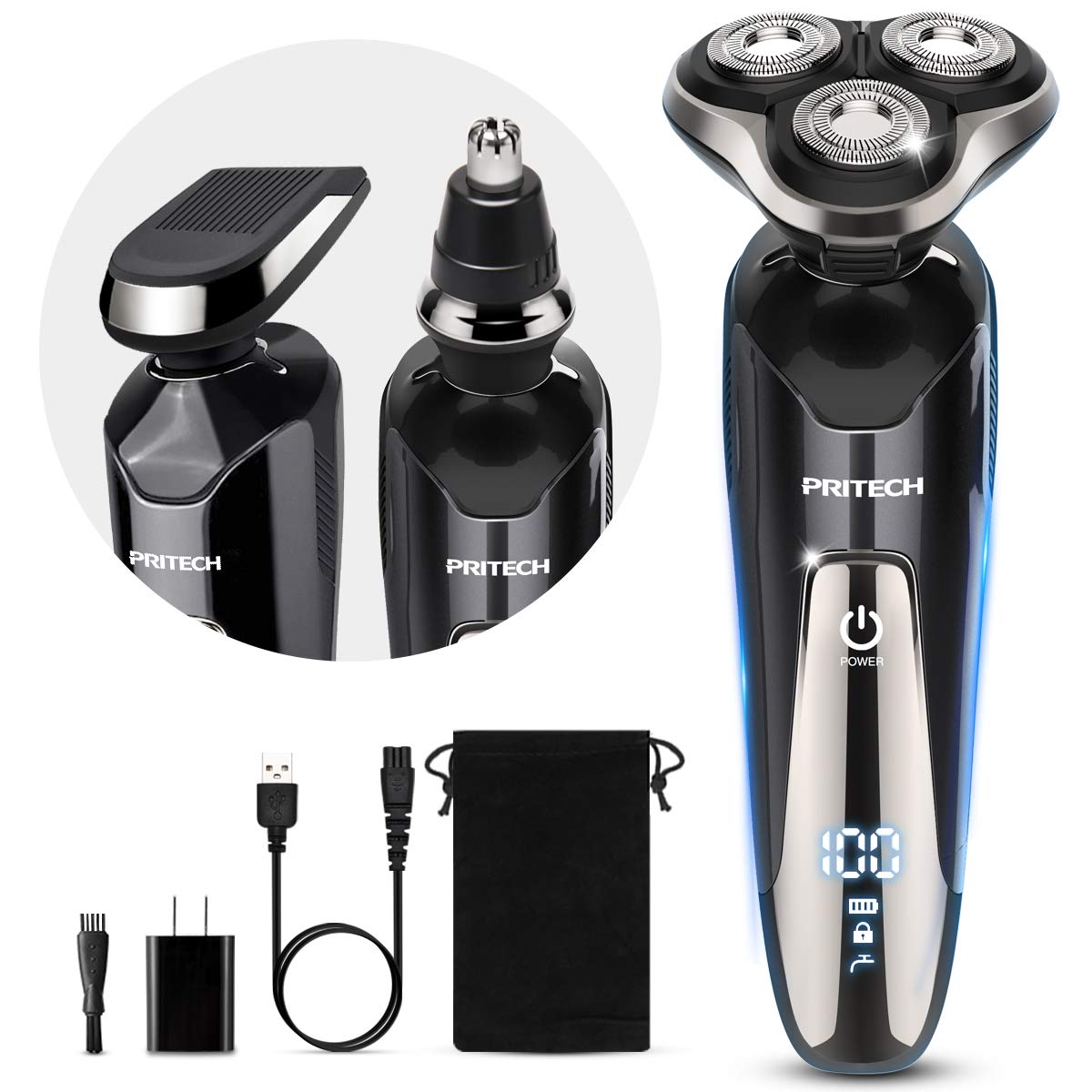 Maquinilla de afeitar eléctrica para hombres, afeitadora eléctrica recargable para hombres, maquinilla de afeitar inalámbrica impermeable en seco y húmedo con recortadora de pelo de nariz y