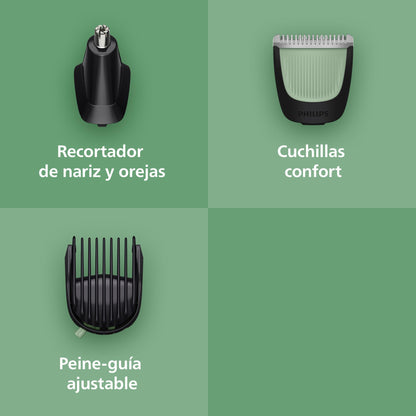 Philips Recortadora Todo En Uno series 3000, Kit 7 en 1, Afeitadora y cortapelos Hombre para Rostro y Pelo, Barba, Cuchillas Autoafilables suaves con la piel, 10 longitudes, MG3930/15