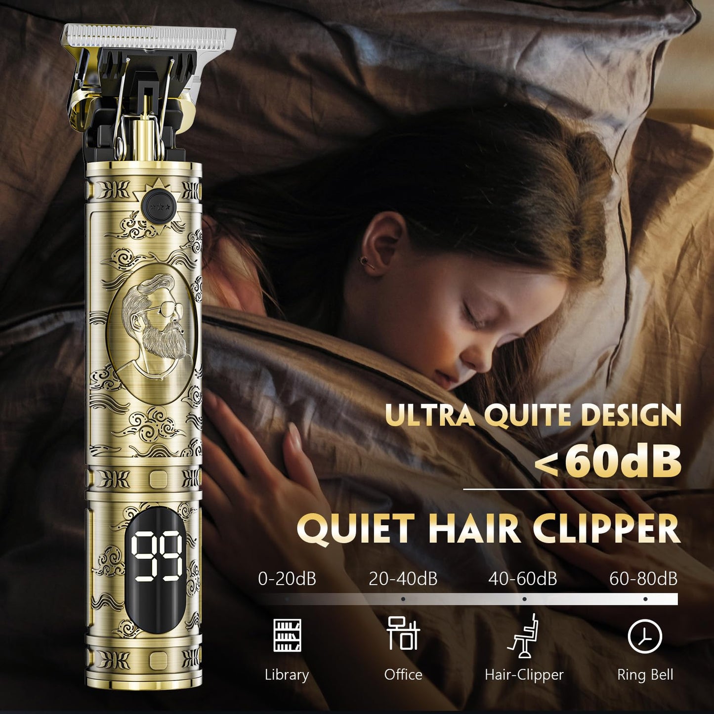 Maquina de Cortar Pelo Hombre, Maquina de Afeitar Hombre Eléctrica con LED Cortapelos Recortar Barba Sin Cable Maquinilla de Afeitar Cortar Pelo Para el Hogar y el Salón (Bronce)