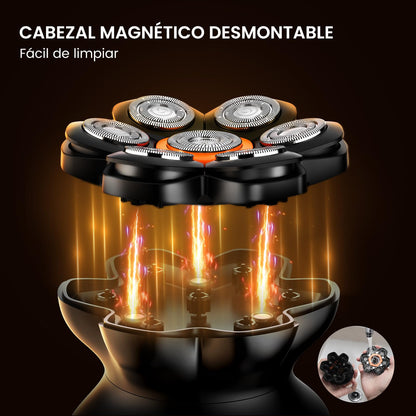 MAXGROOM Afeitadora Cabeza Hombre, Maquina Afeitar Hombre, Afeitadora para Calva en Seco y Húmedo, Batería de Larga Duración, 7 Cabezales, Magnético, 100% impermeable, Color Negro