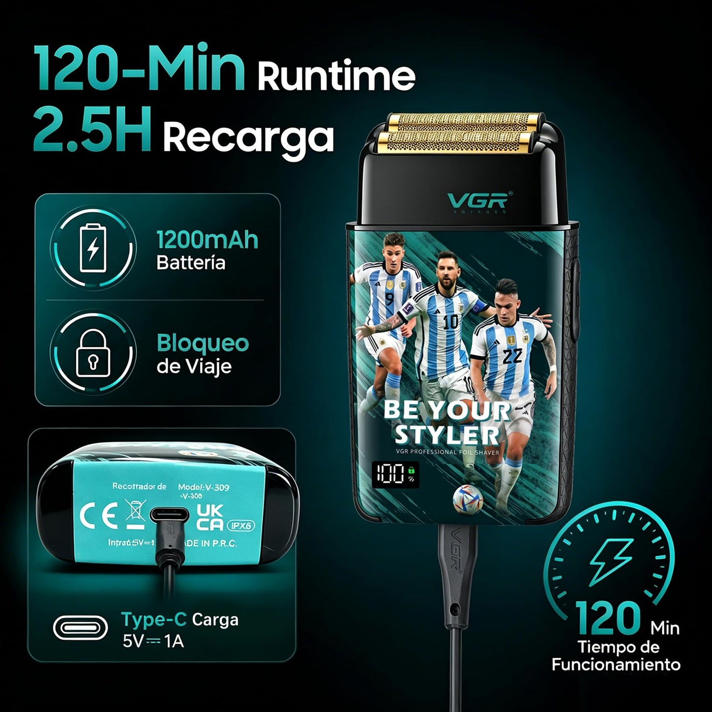 VGR 309 Afeitadora De Láminas Hombre Inalámbrica, Foil Shaver Con Doble Lámina De Titanio, Afeitadora Eléctrica 7500 RPM, IPX6 Resistente Al Agua, Bloqueo De Viaje, Pantalla LED