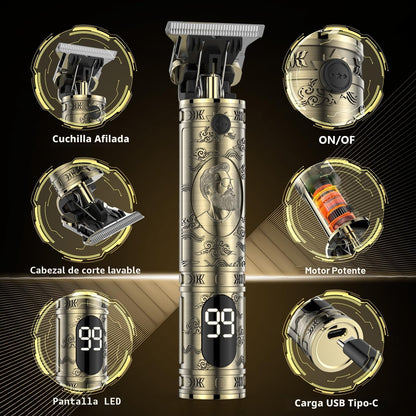 Maquina de Cortar Pelo Hombre, Maquina de Afeitar Hombre Eléctrica con LED Cortapelos Recortar Barba Sin Cable Maquinilla de Afeitar Cortar Pelo Para el Hogar y el Salón (Bronce)